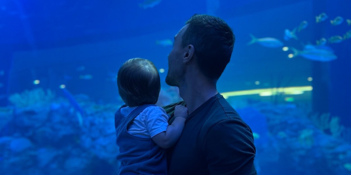 A father and child watching fish swim by at Mote's new aquarium in Sarasota