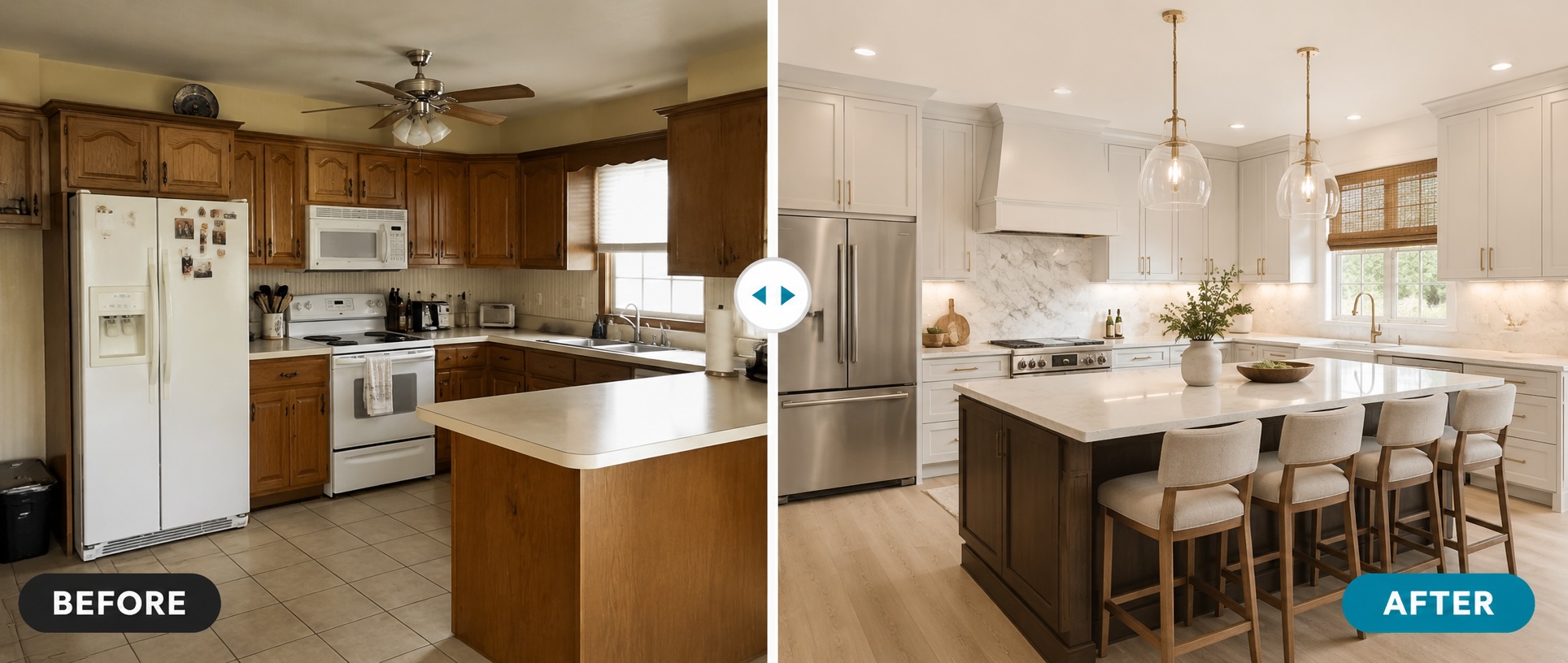 Kitchen remodel shown before and after
